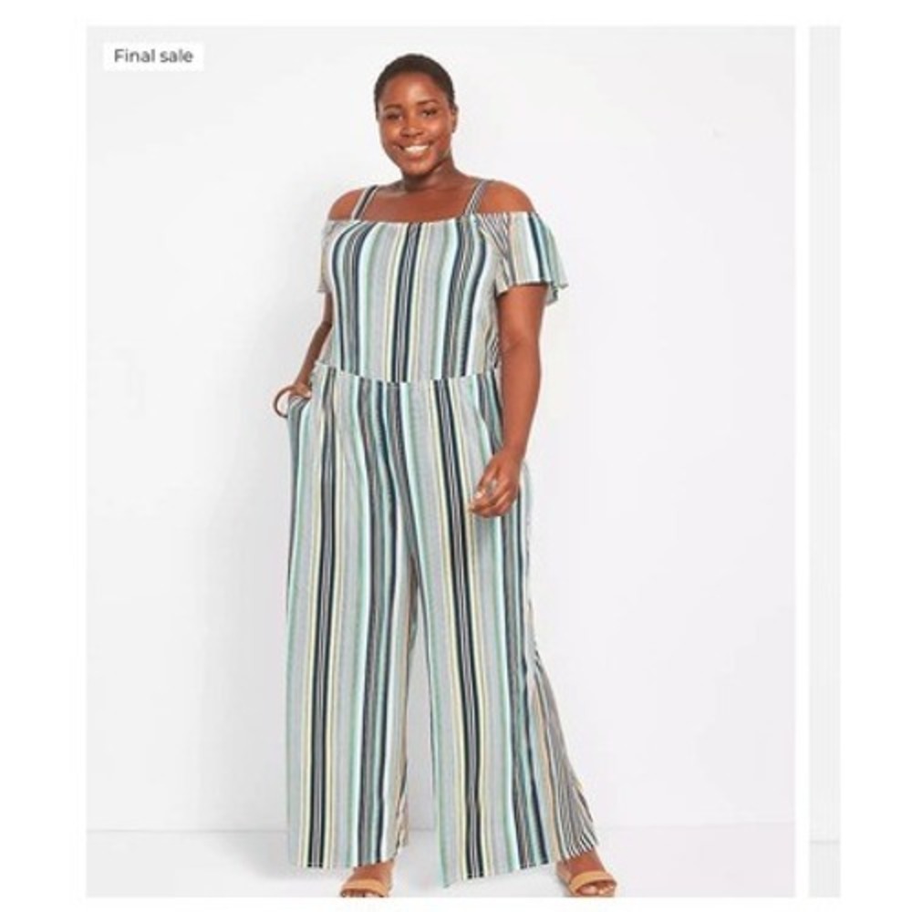NWT Lane‎ Bryant Striped Jumpsuit Summer 18/20 Coastal Cold Shoulder Wide Leg